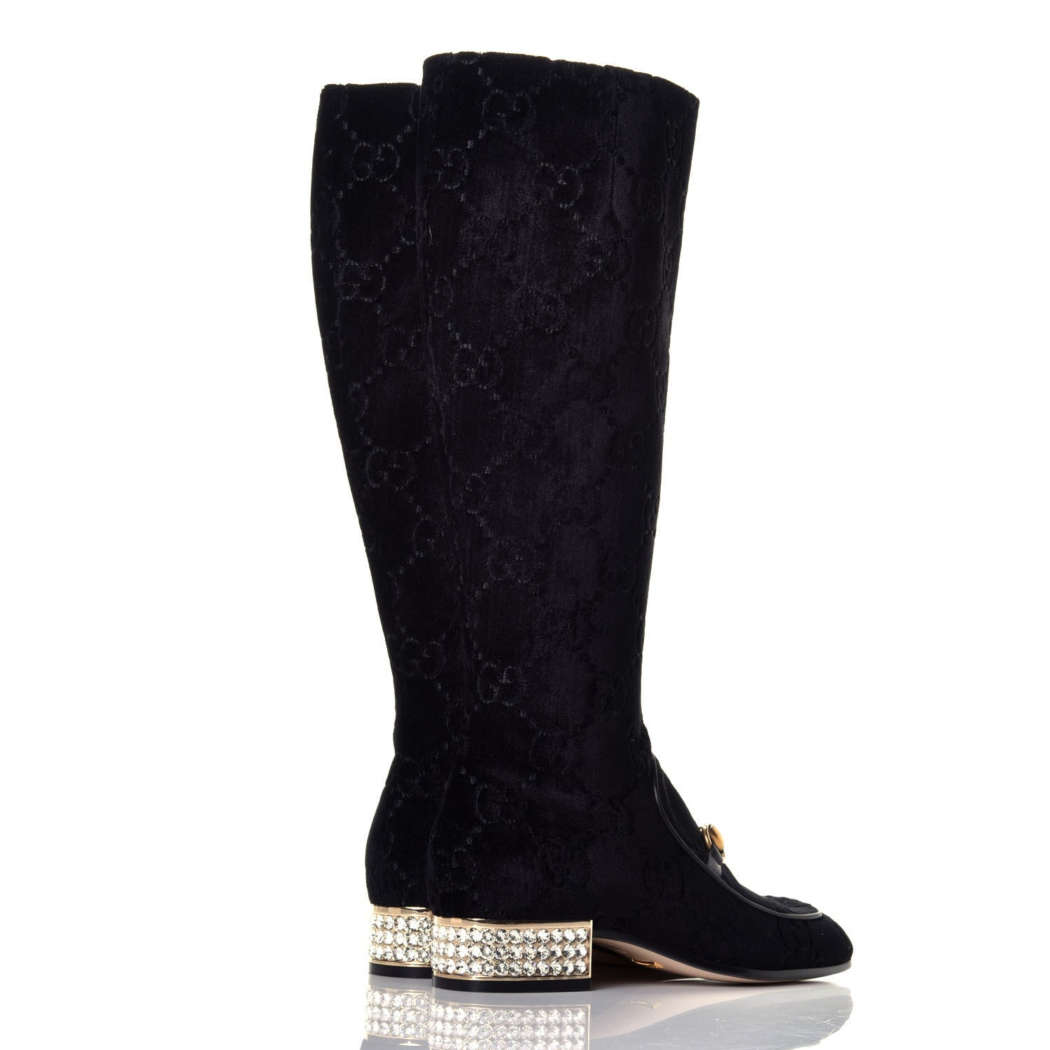 Gucci Velvet GG Monogram Crystal Horsebit Knee High Boots 35 Black 4 of 8
