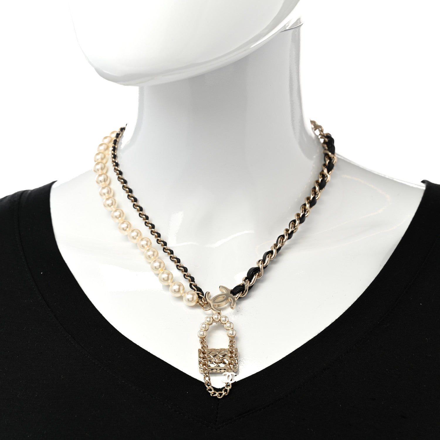 Chanel Lambskin Pearl Quilted Flap Necklace Gold Black Pearly White 2 of 7