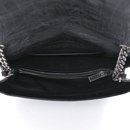 Saint Laurent Calfskin Crocodile Embossed Medium West Hollywood Monogram Fold-Over Black 5 of 9