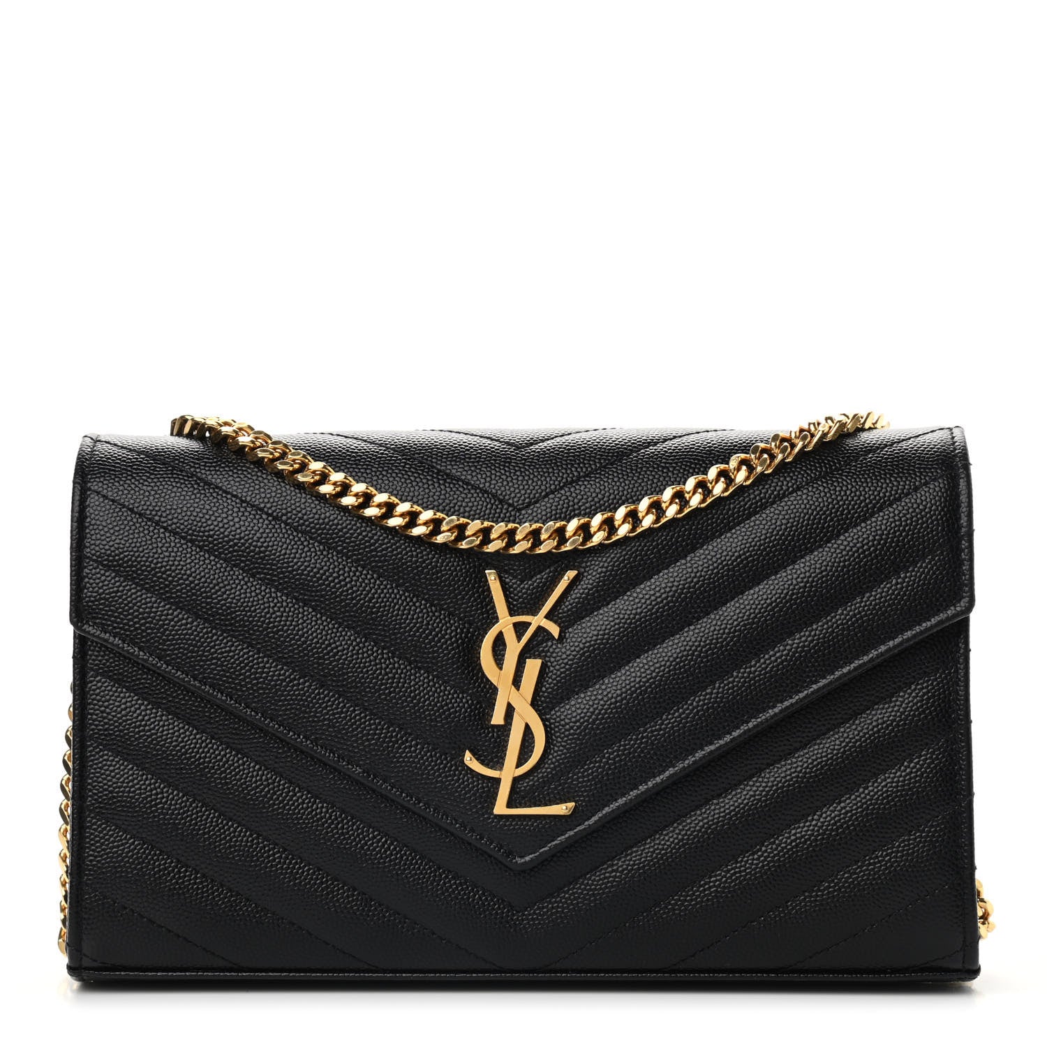Saint Laurent Grain De Poudre Matelasse Chevron Monogram Chain Wallet Black 1 of 8