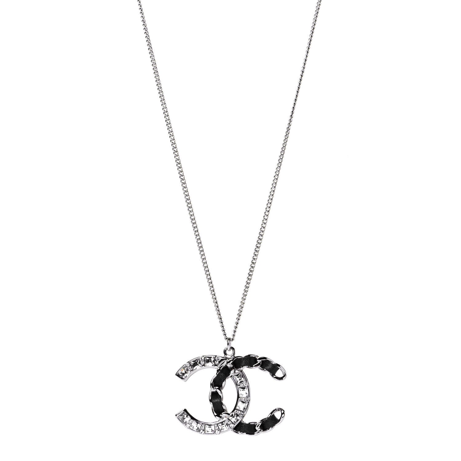 Chanel Lambskin Baguette Crystal CC Necklace Black Silver 1 of 4