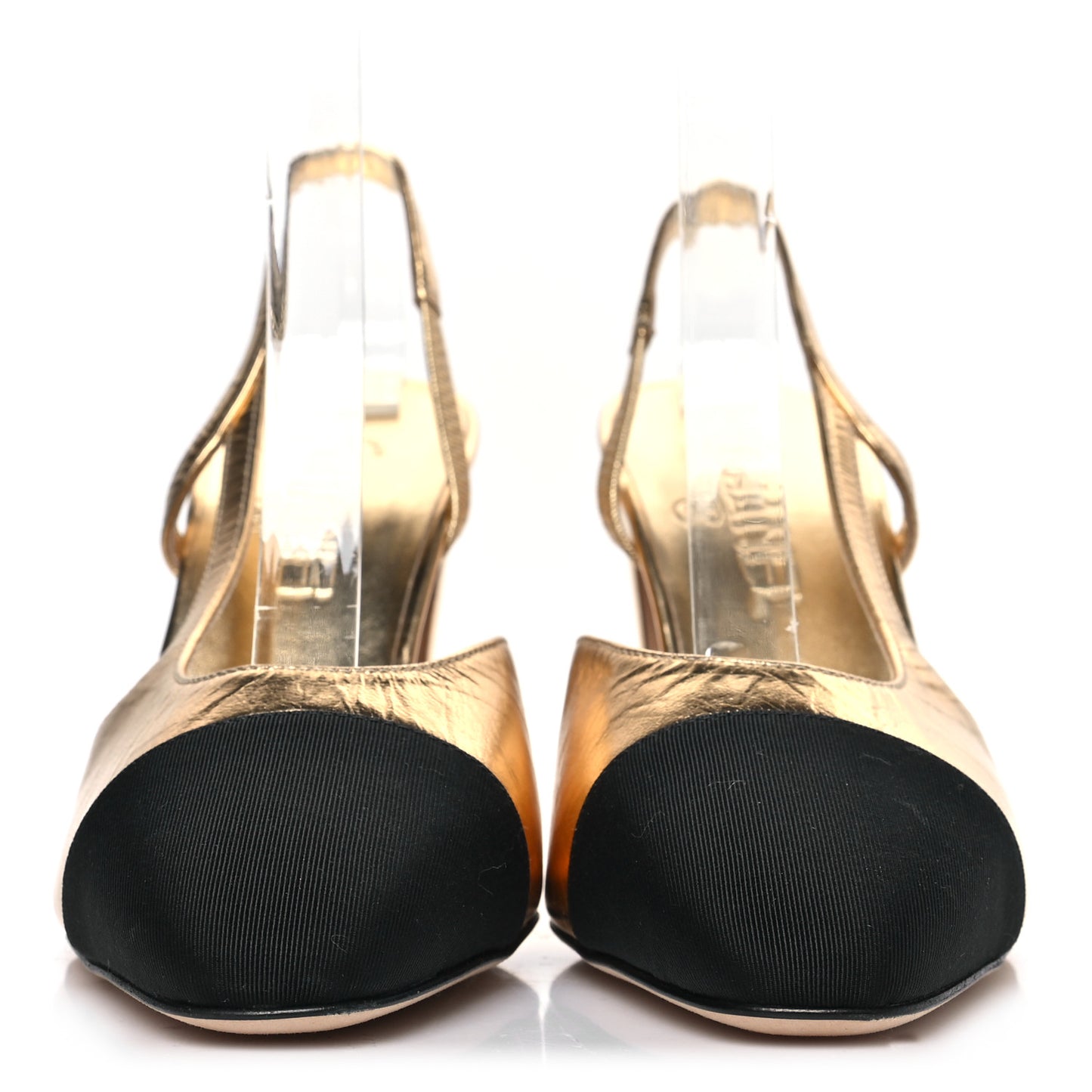 Laminated Crumpled Lambskin Grosgrain Cap Toe CC Slingback Pumps 38 Gold Black