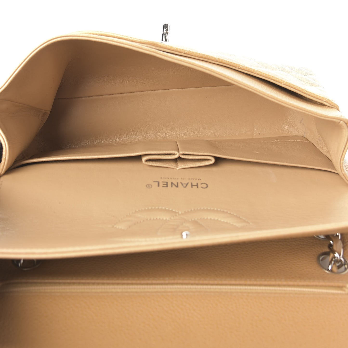 Caviar Quilted Medium Double Flap Beige