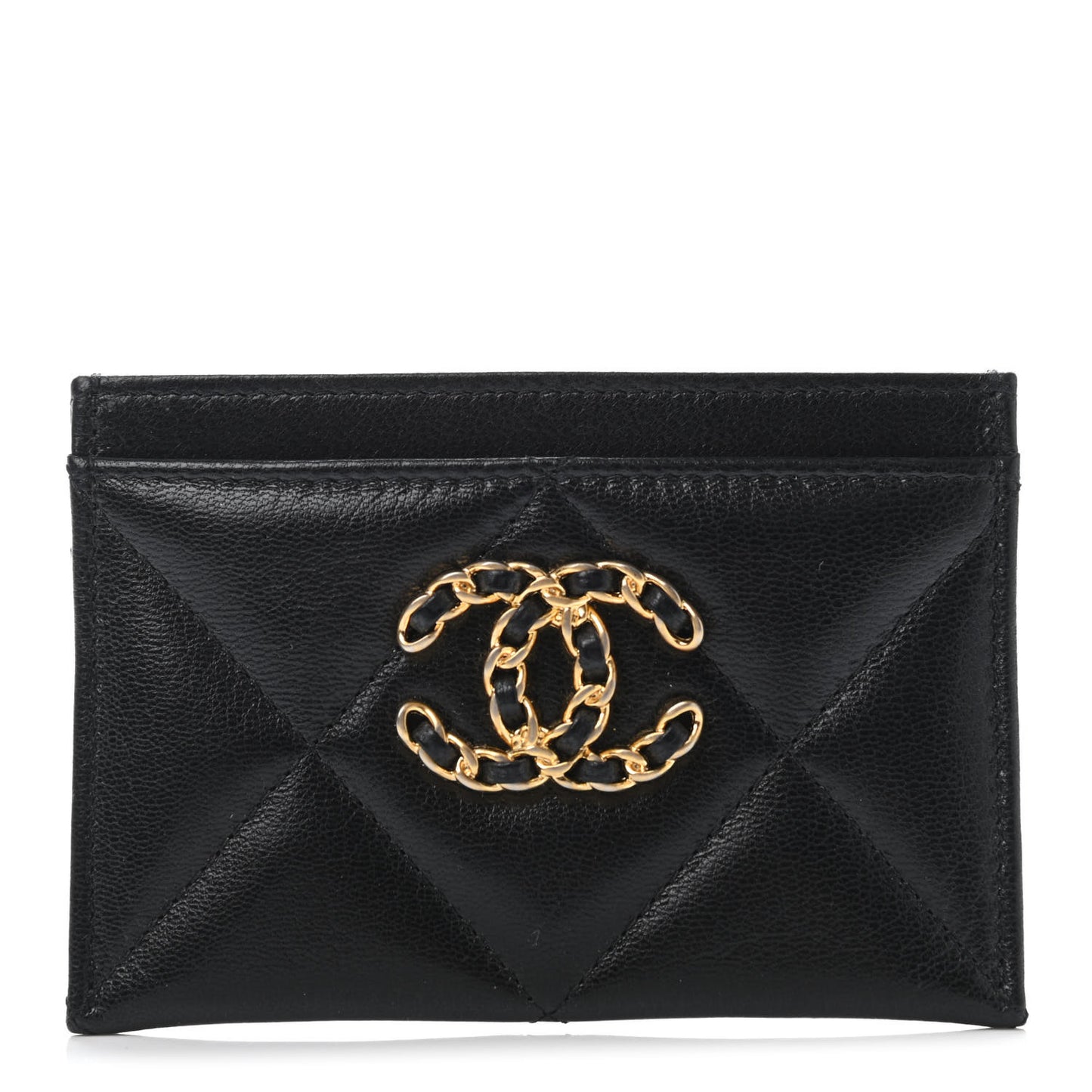 Shiny Goatskin Quilted Chanel 19 Card Holder Black