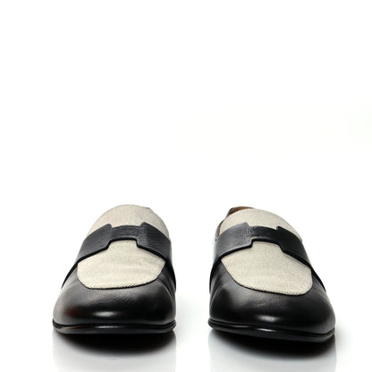 Hermes Goatskin Canvas Mens Ancora Moccasin Loafers 43.5 Black Prunoir 2 of 8