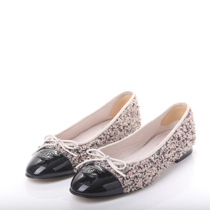 Chanel Tweed Patent Calfskin Cap Toe Ballerina Flats 41 Pink Black 3 of 9
