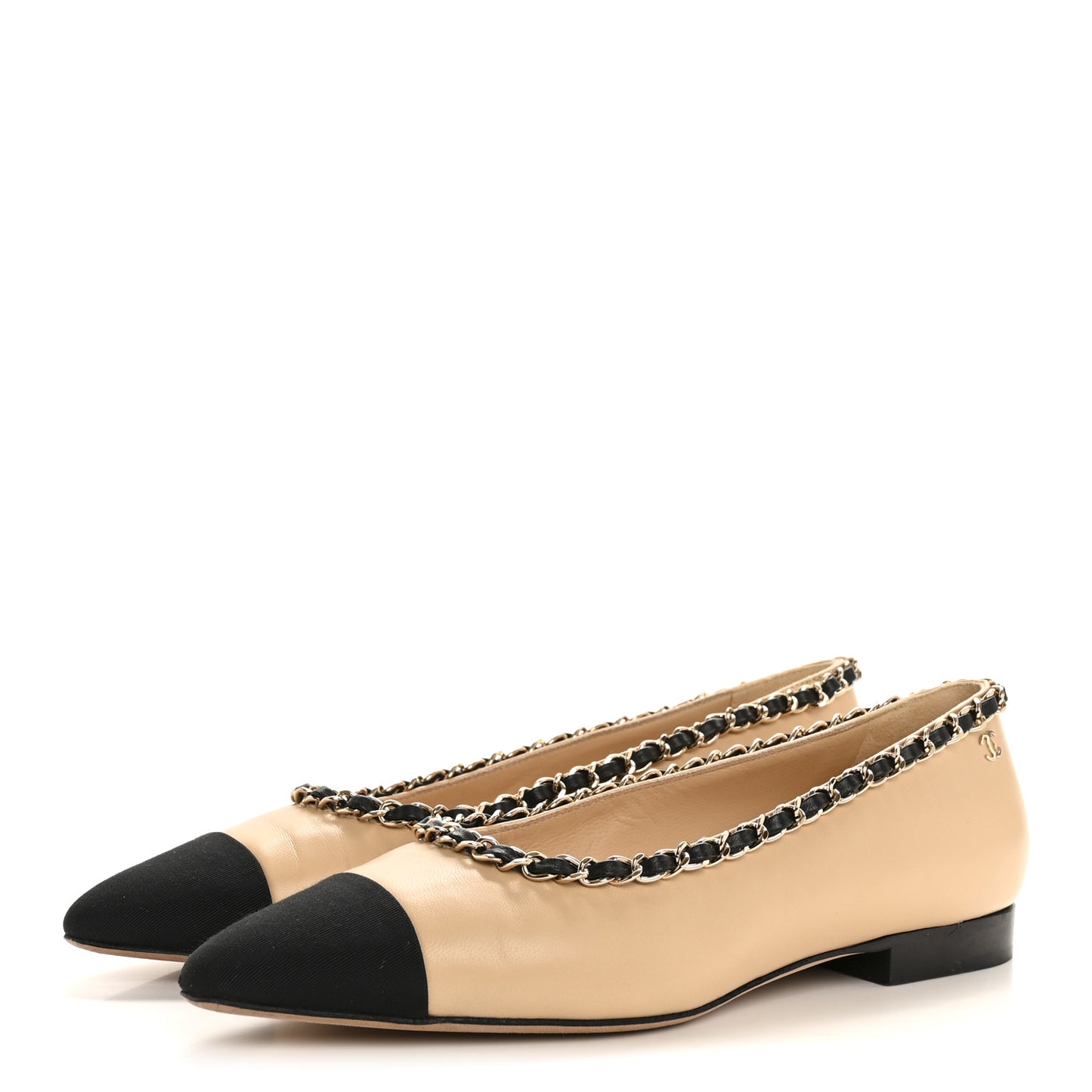 Lambskin Grosgrain Chain Cap Toe Flats 35.5 Beige Black