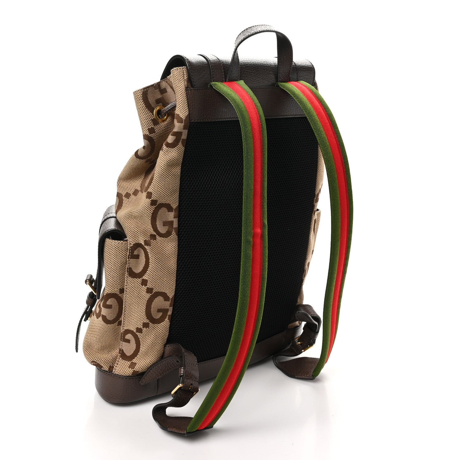 Gucci Monogram Jumbo GG Textured Dollar Calfskin Web Double Buckle Backpack Camel Ebony New Acero 2 of 9