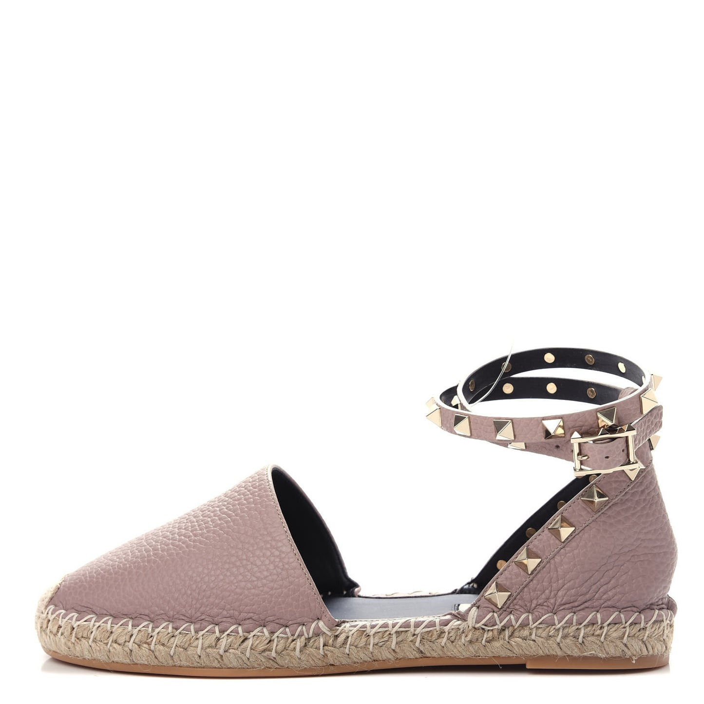 Grained Calfskin Rockstud Ankle Wrap Espadrille 20mm Flats 38 Poudre
