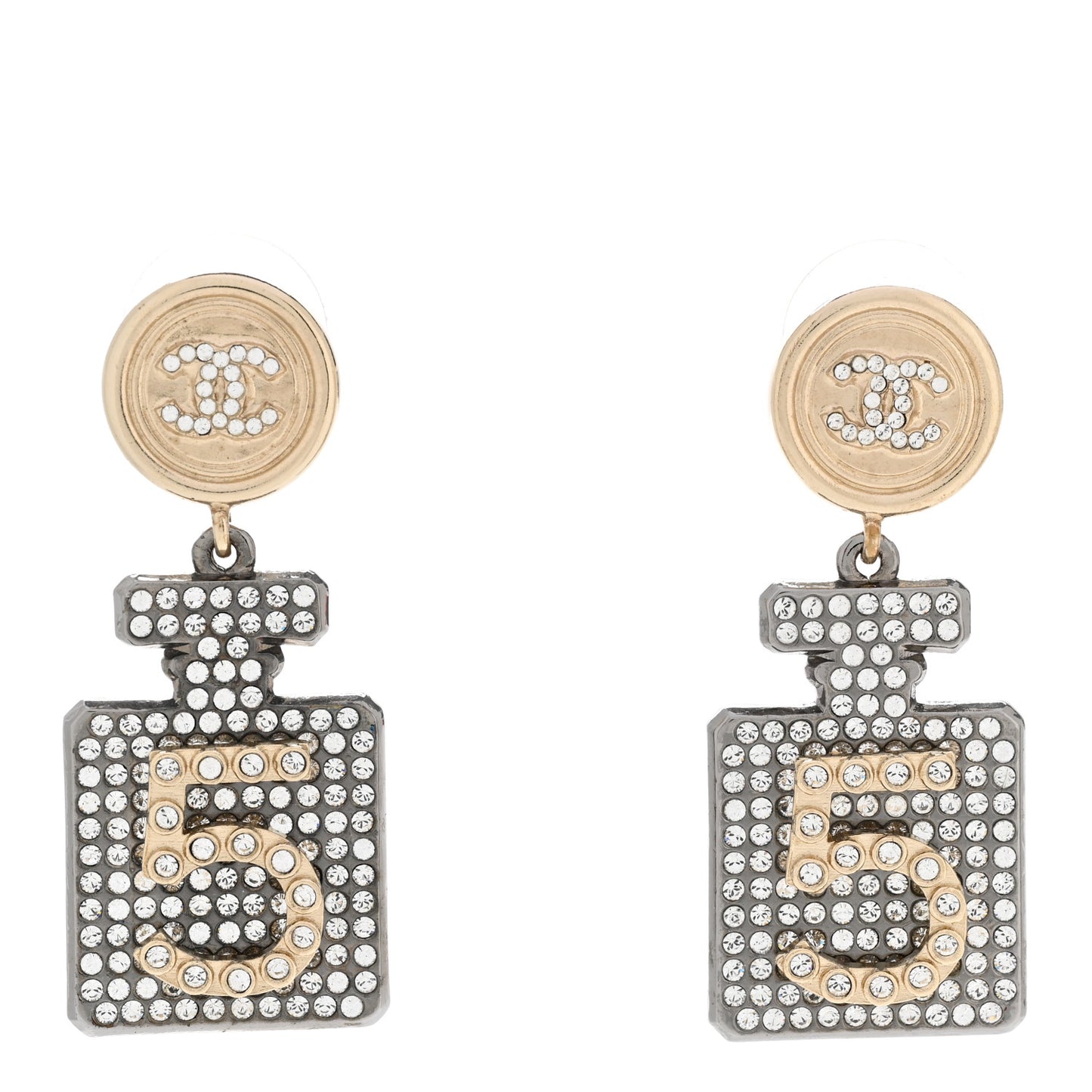 Crystal CC No 5 Perfume Bottle Drop Earrings Gold Silver
