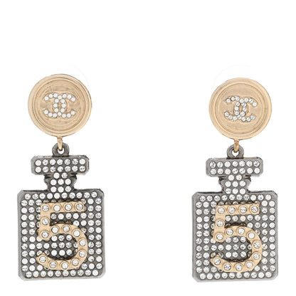 Chanel Crystal CC No 5 Perfume Bottle Drop Earrings Gold Silver 1 of 4