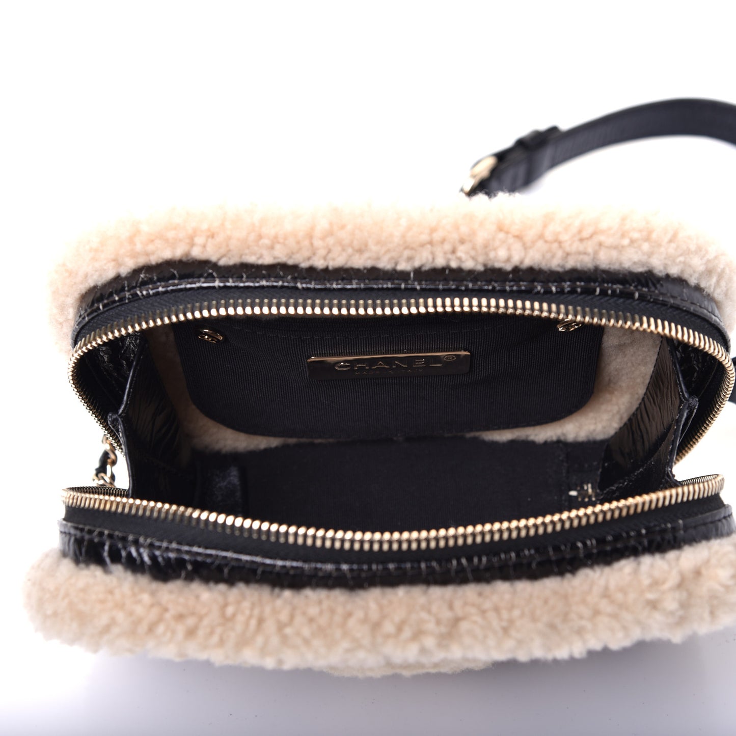Shiny Crumpled Sheepskin Shearling Waist Bag Black Beige