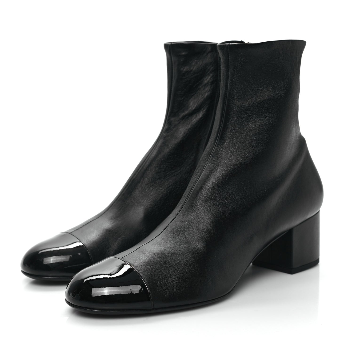 Stretch Lambskin Patent Calfskin Cap Toe CC Short Boots 41 Black