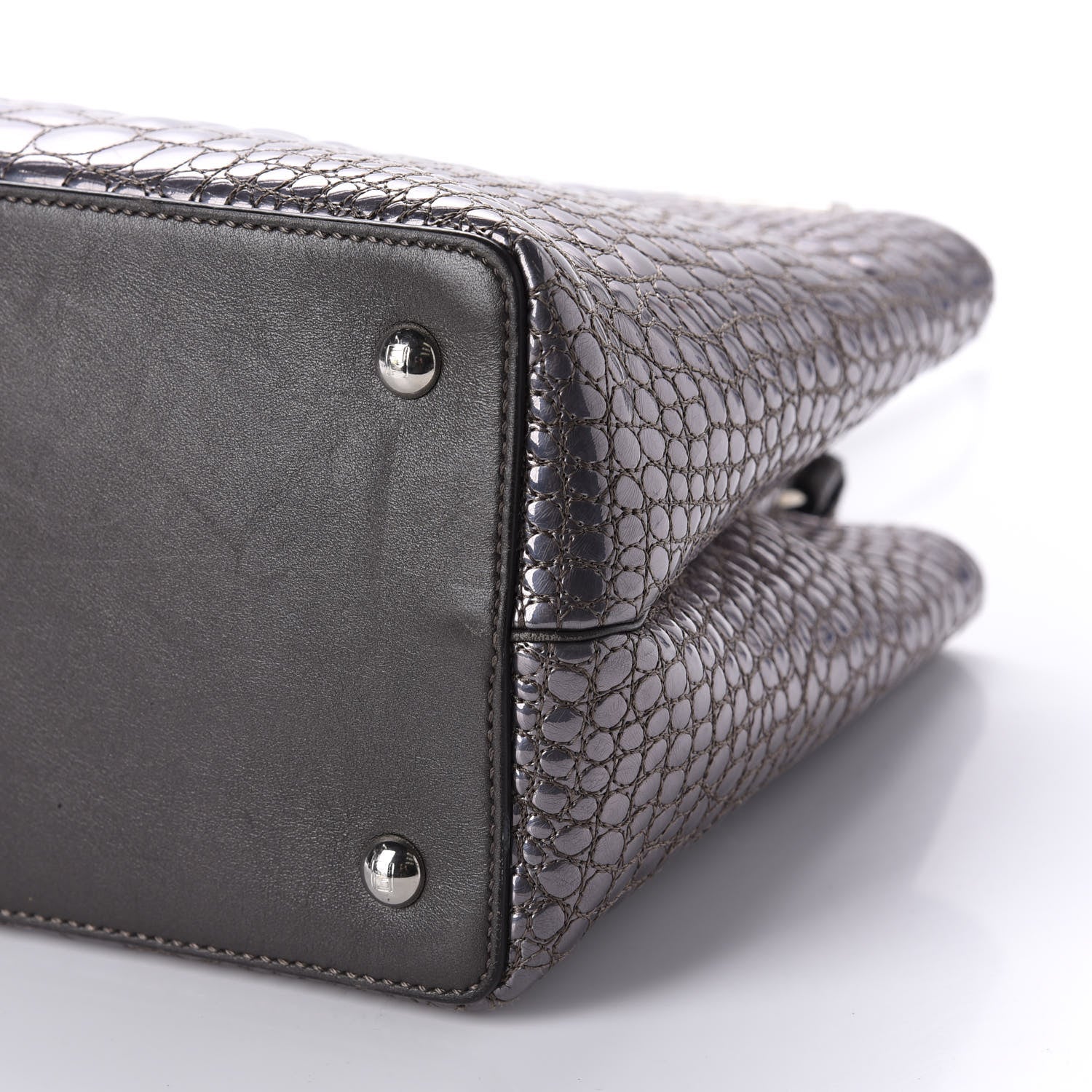 Fendi Metallic Calfskin Crocodile Embroidered Petite 2Jours Tote Silver Mirror 7 of 15