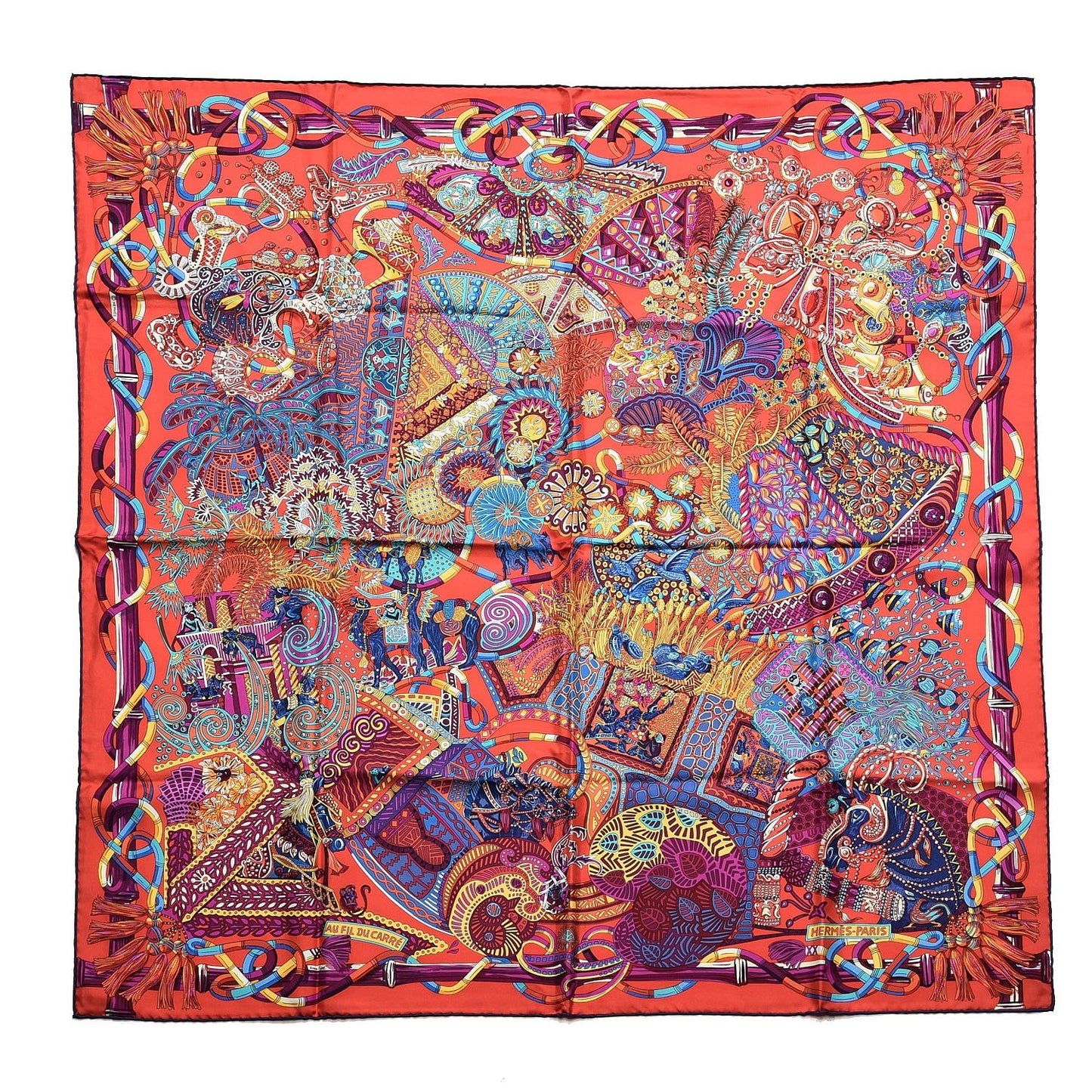 Silk Au Fil Du Carre Scarf 90 Rouge Violet Turquoise