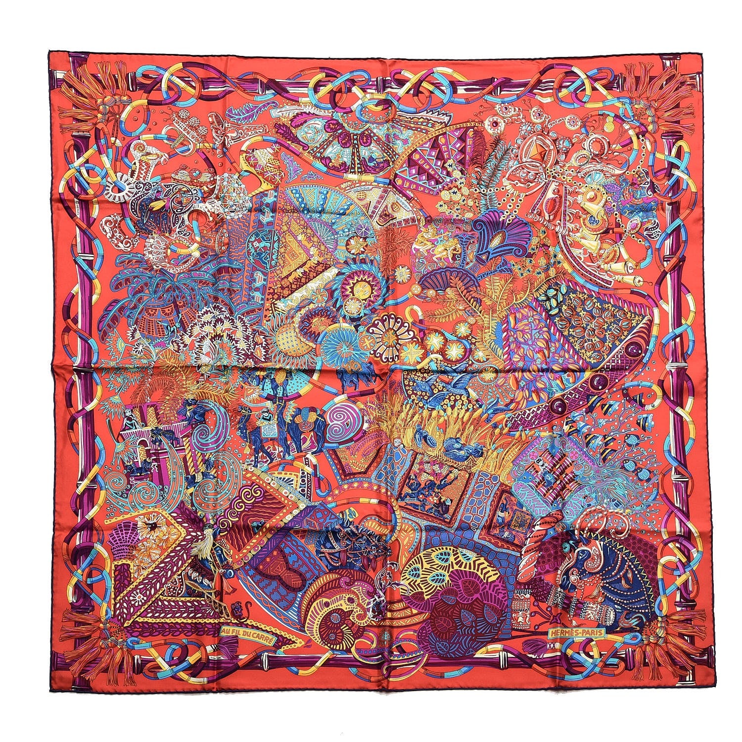 Hermes Silk Au Fil Du Carre Scarf 90 Rouge Violet Turquoise 1 of 7