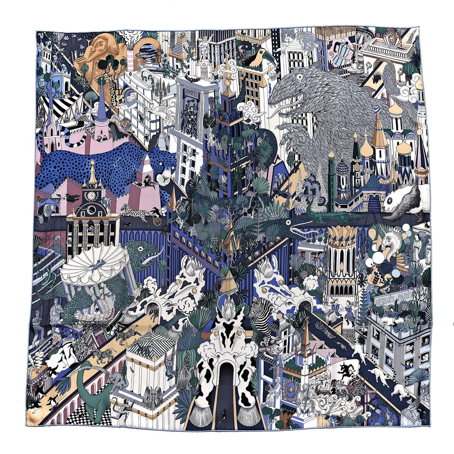 Silk Animapolis Scarf 90 Bleu Gris Vieux Rose
