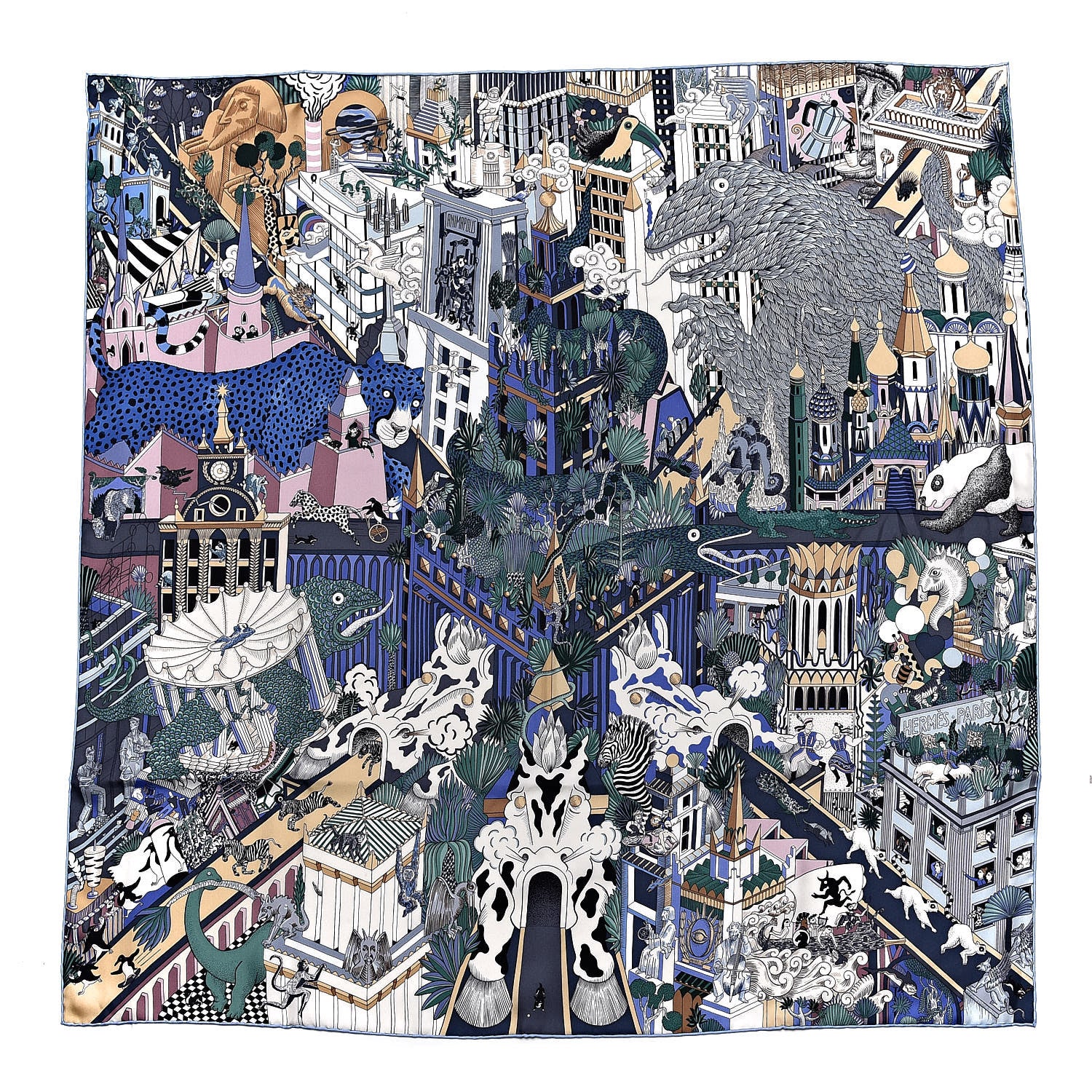 Hermes Silk Animapolis Scarf 90 Bleu Gris Vieux Rose 1 of 5