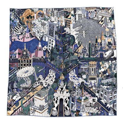 Hermes Silk Animapolis Scarf 90 Bleu Gris Vieux Rose 1 of 5
