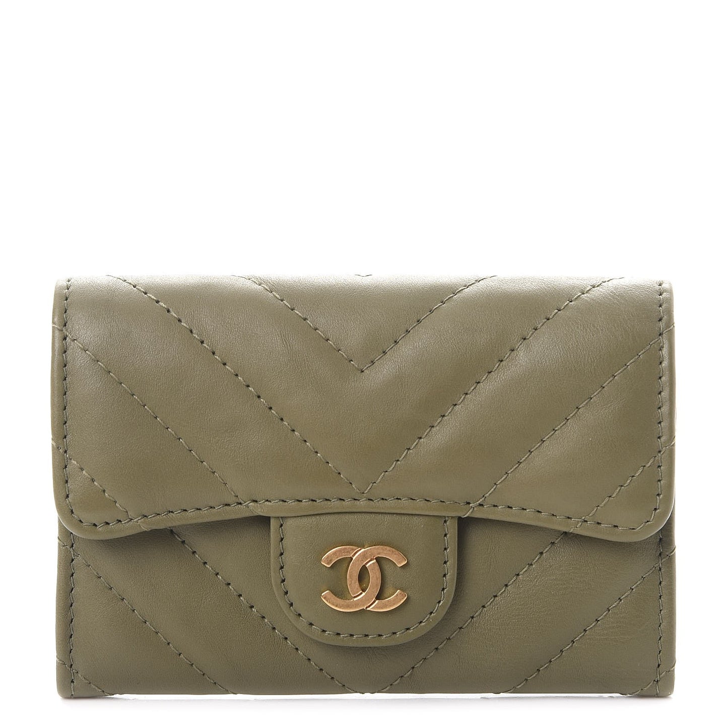 Calfskin Chevron Quilted Card Holder Khaki