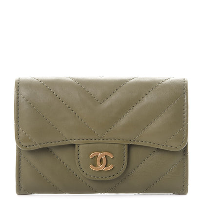 Chanel Calfskin Chevron Quilted Card Holder Khaki 1 of 9