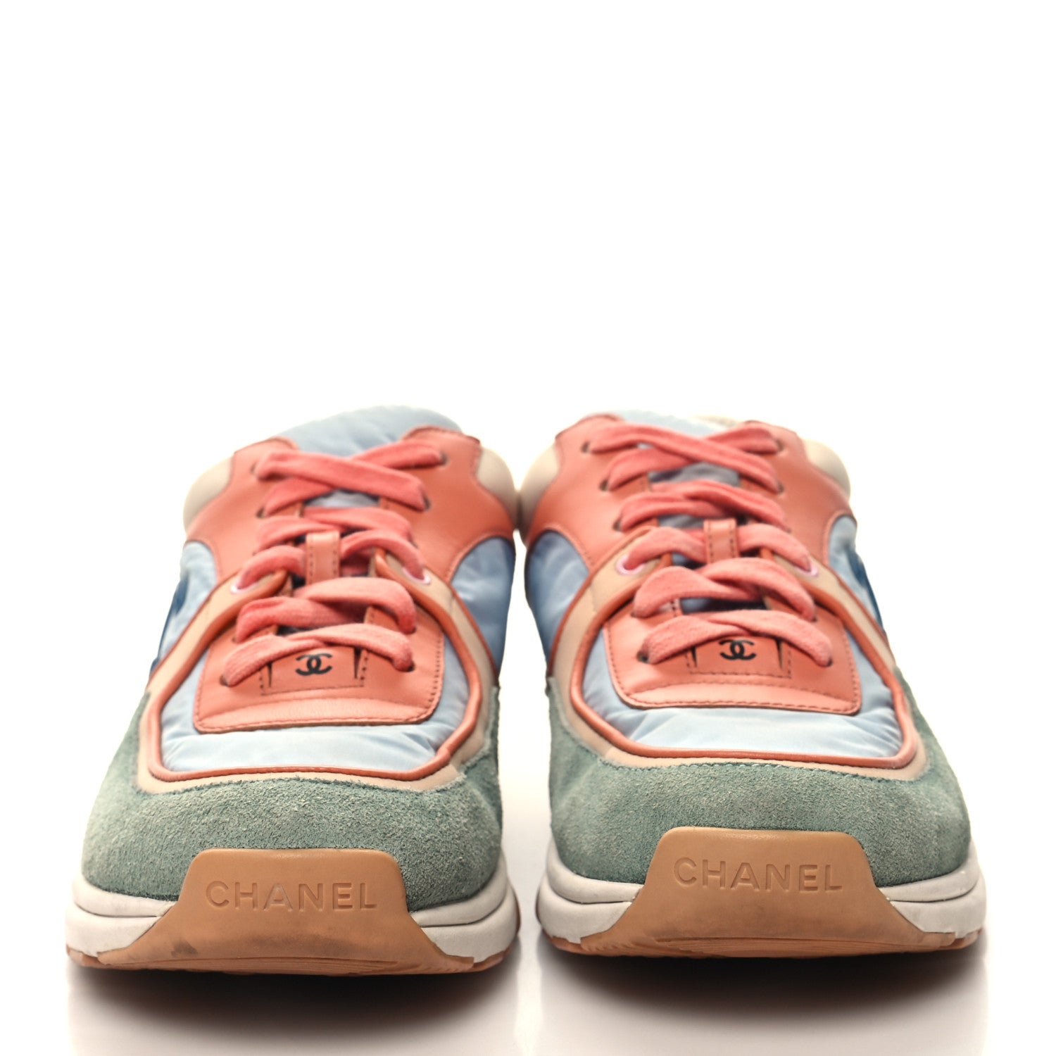 Chanel Nylon Lambskin Suede Calfskin CC Sneakers 37 Coral Light Blue White 2 of 8