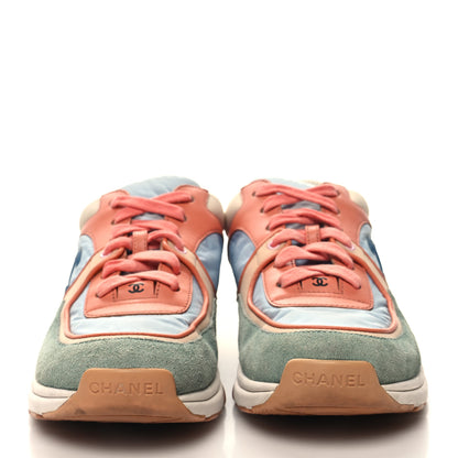 Chanel Nylon Lambskin Suede Calfskin CC Sneakers 37 Coral Light Blue White 2 of 8