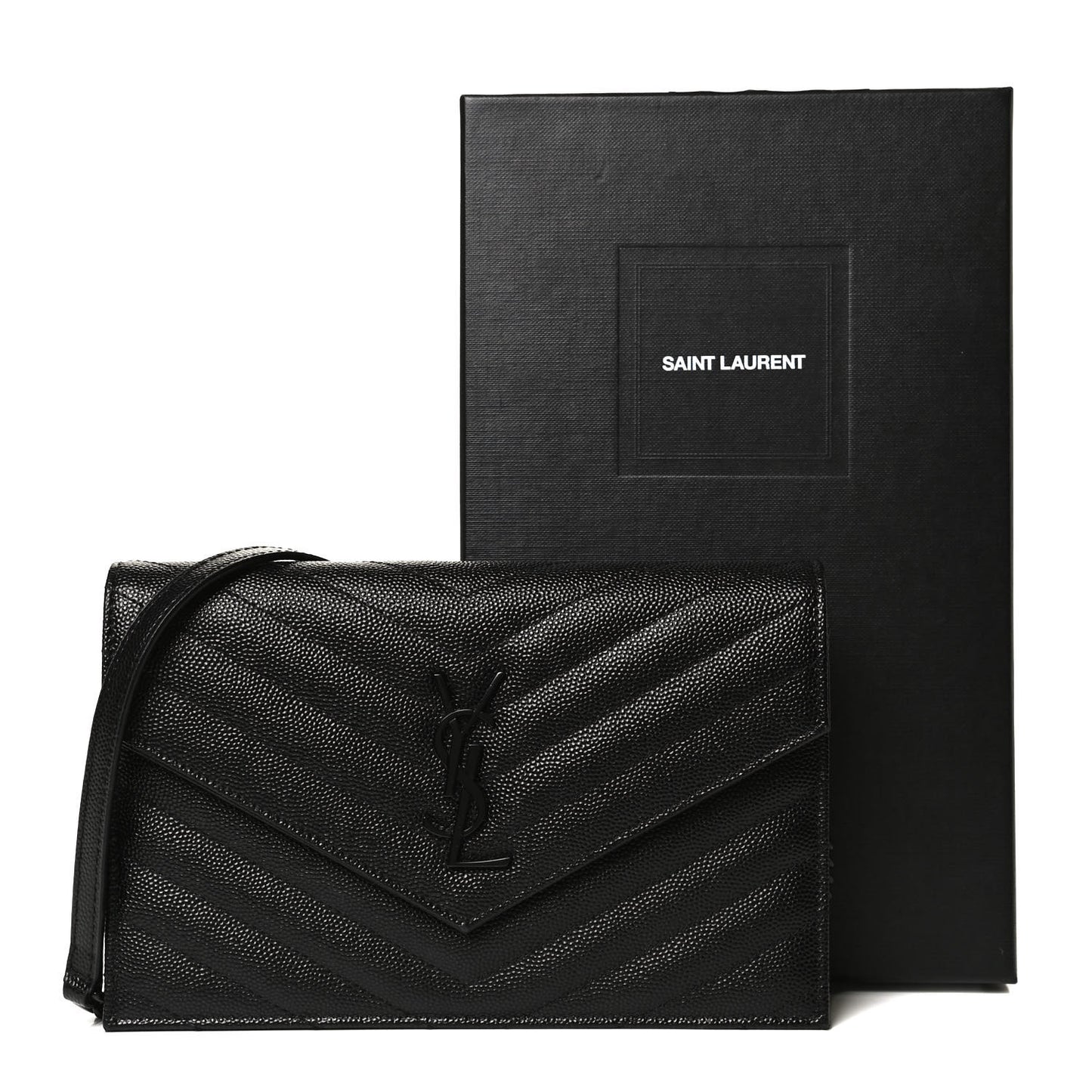 Grain De Poudre Matelasse Chevron Monogram Monochrome Envelope Chain Wallet Black