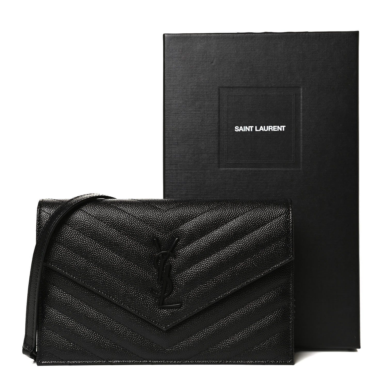 Saint Laurent Grain De Poudre Matelasse Chevron Monogram Monochrome Envelope Chain Wallet Black 11 of 11