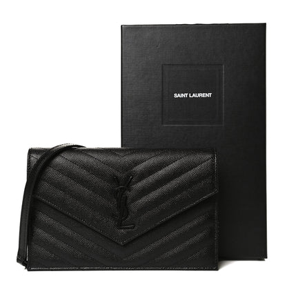 Saint Laurent Grain De Poudre Matelasse Chevron Monogram Monochrome Envelope Chain Wallet Black 11 of 11