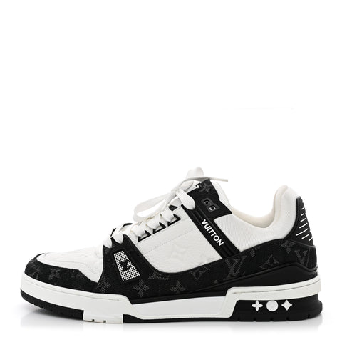 Calfskin Embossed Monogram Denim Mens LV Trainer Sneakers 10 Black