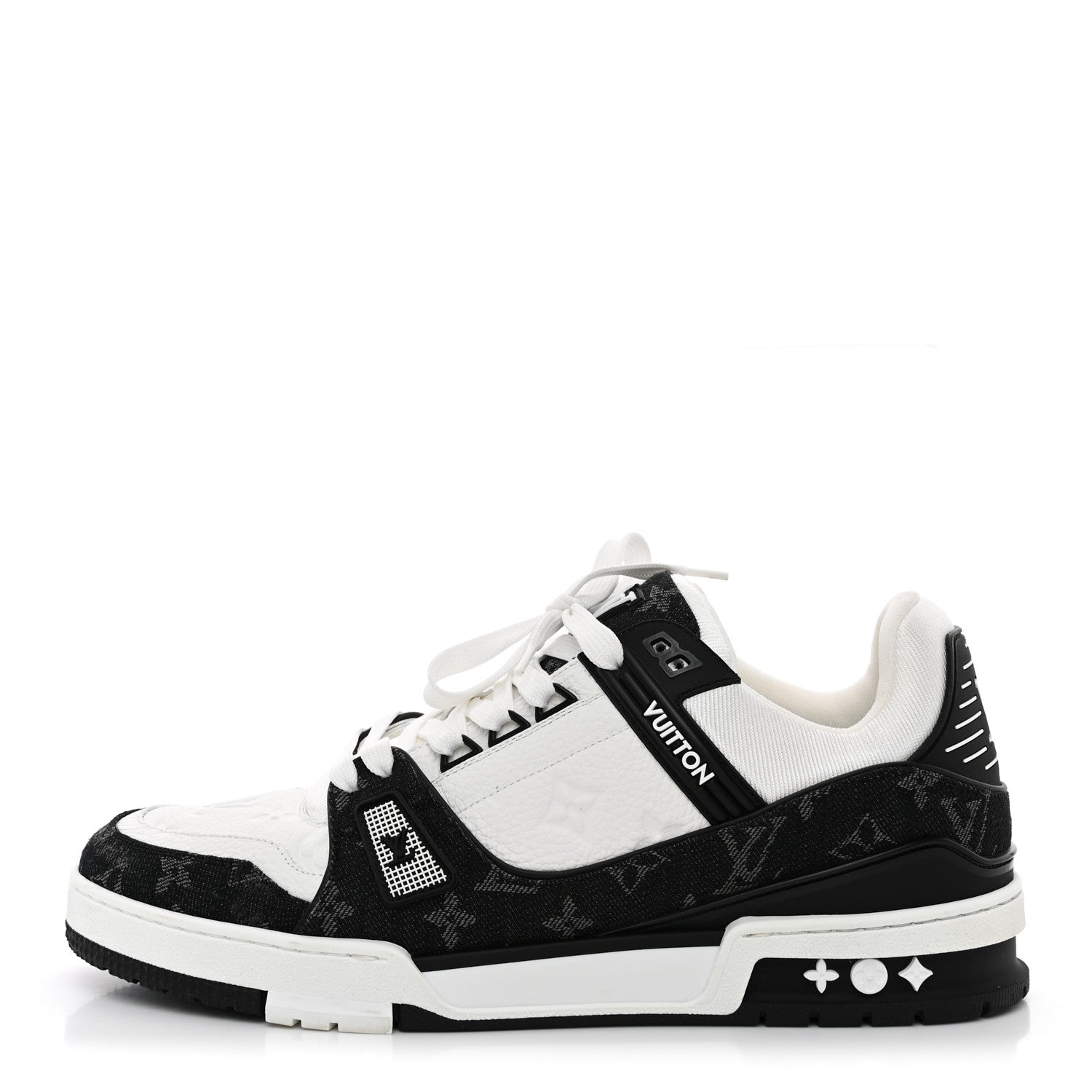 Louis Vuitton Calfskin Embossed Monogram Denim Mens LV Trainer Sneakers 10 Black 1 of 11