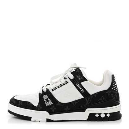 Louis Vuitton Calfskin Embossed Monogram Denim Mens LV Trainer Sneakers 10 Black 1 of 11