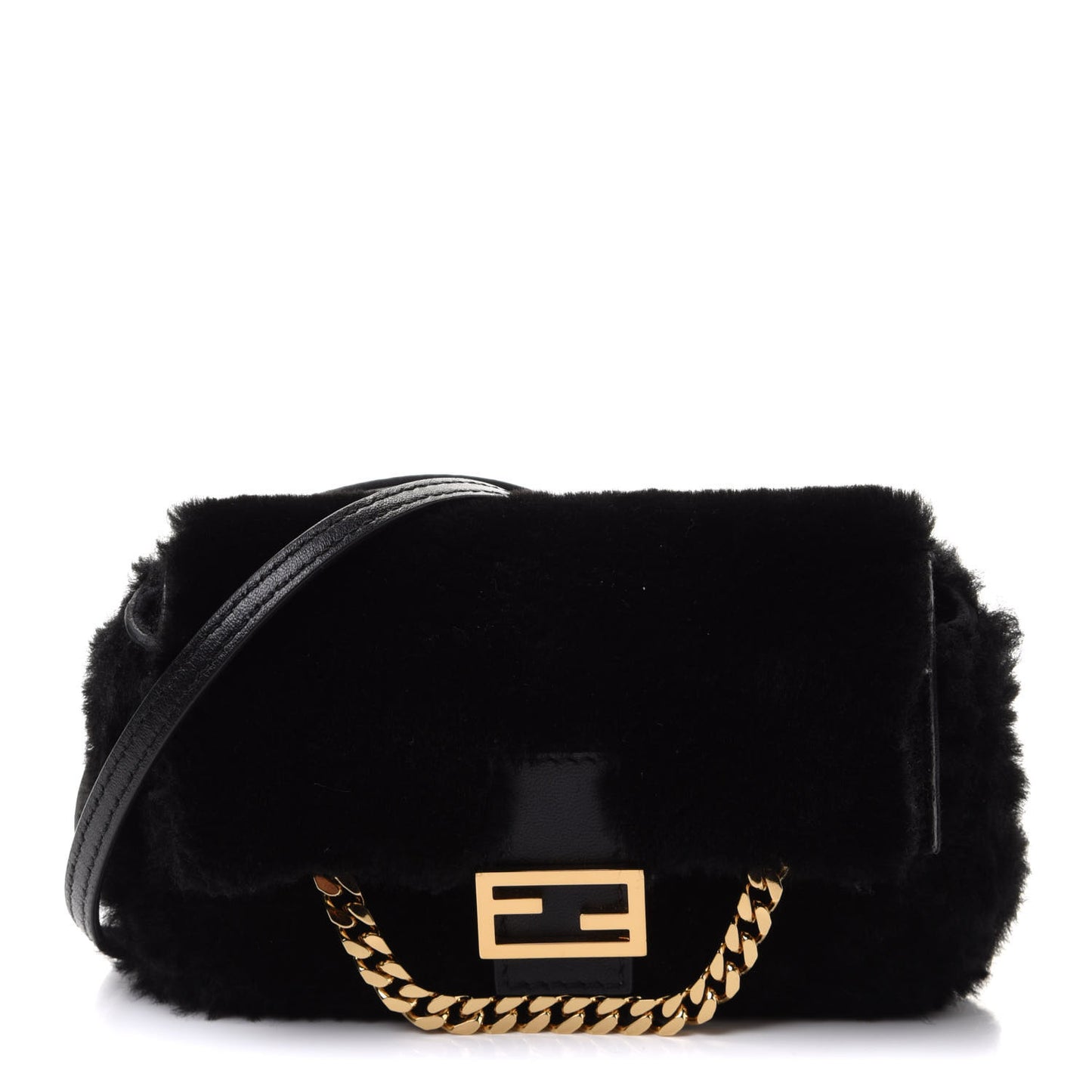 Shearling Shiny Nappa Micro Baguette Black