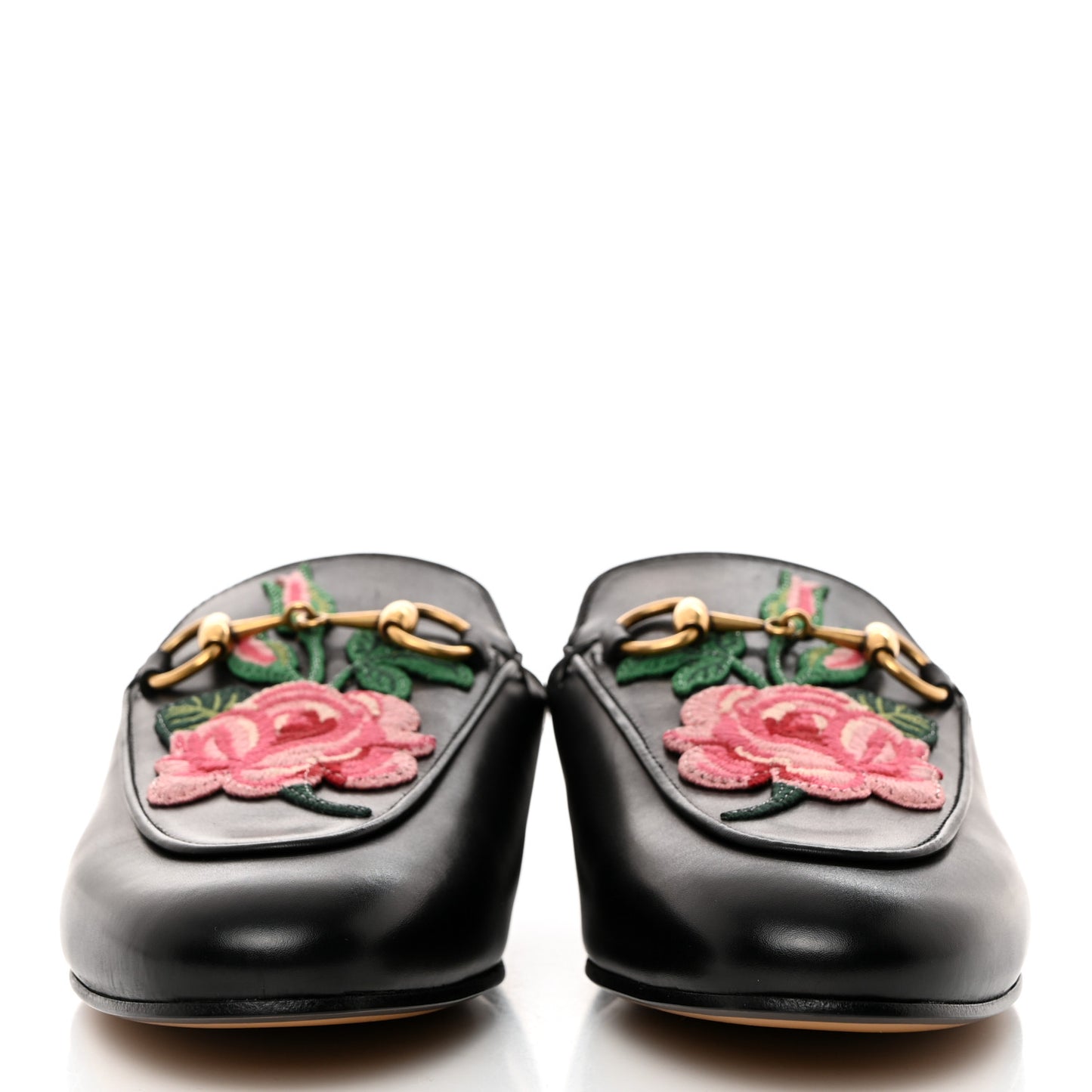 Calfskin Flower Embroidered Princetown Slippers 35 Black