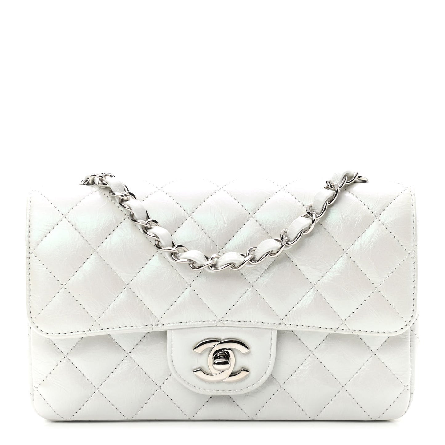 Iridescent Calfskin Quilted Mini Rectangular Flap White