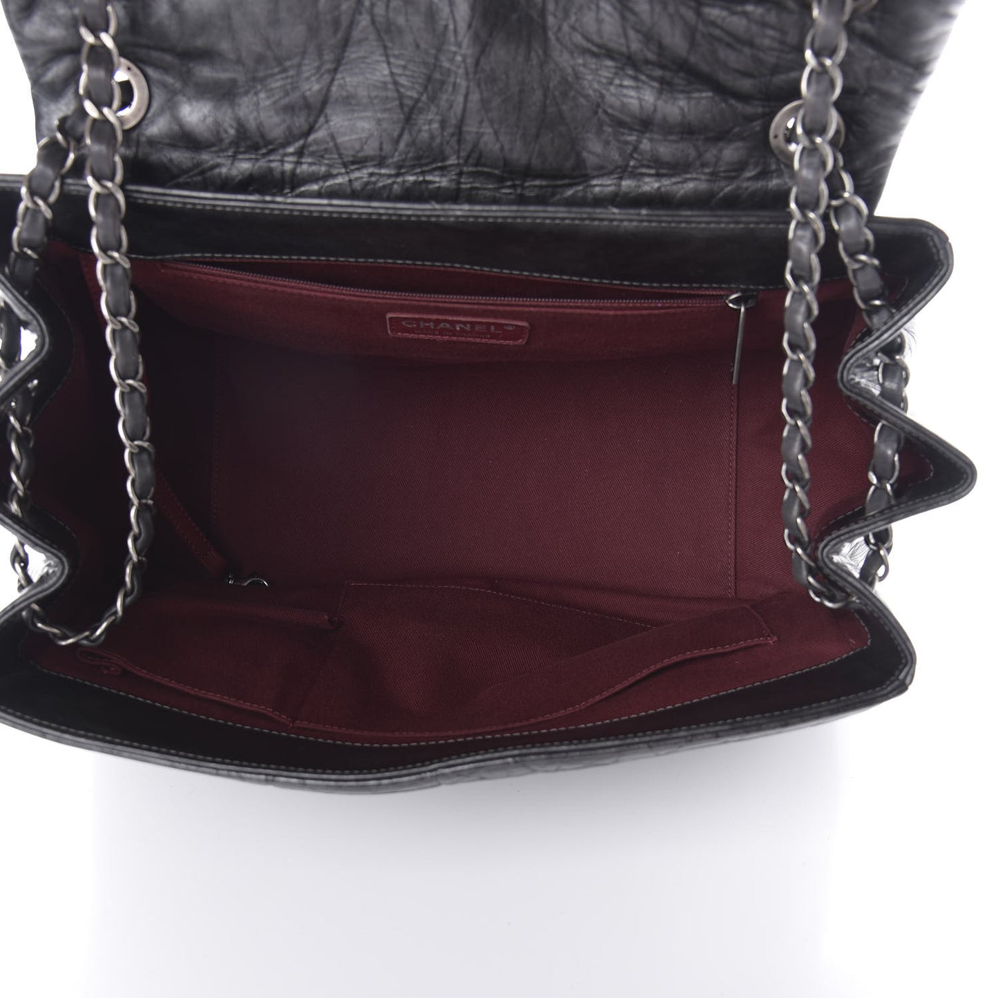 Metallic Aged Calfskin Quilted Large Pondichery Flap Dark Grey