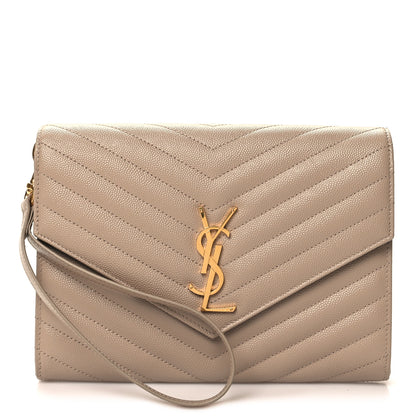 Saint Laurent Grain De Poudre Matelasse Chevron Monogram Envelope Clutch Dark Beige 1 of 10