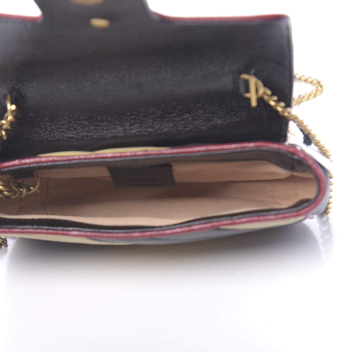 Vintage Effect Calfskin Matelasse Diagonal Striped Super Mini Torchon GG Marmont Shoulder Bag Black Beige
