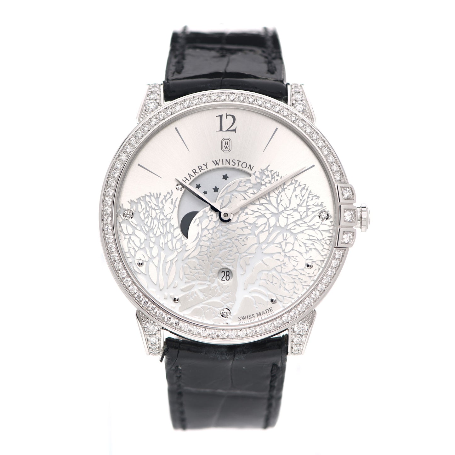 18K White Gold Alligator Diamond Bezel 39mm Midnight Moon Phase Quartz Watch