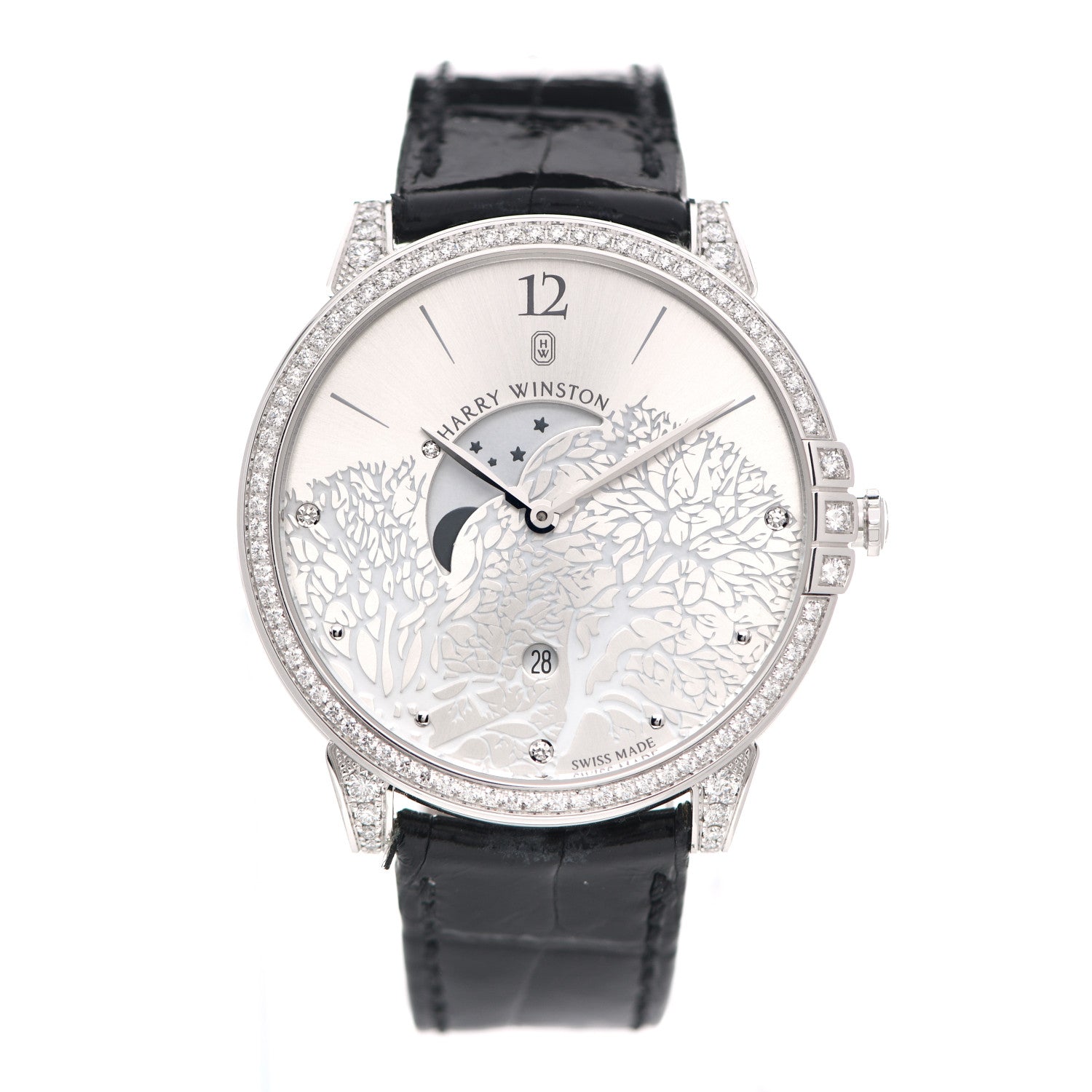 Harry Winston 18K White Gold Alligator Diamond Bezel 39mm Midnight Moon Phase Quartz Watch 1 of 4