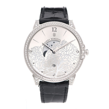 Harry Winston 18K White Gold Alligator Diamond Bezel 39mm Midnight Moon Phase Quartz Watch 1 of 4