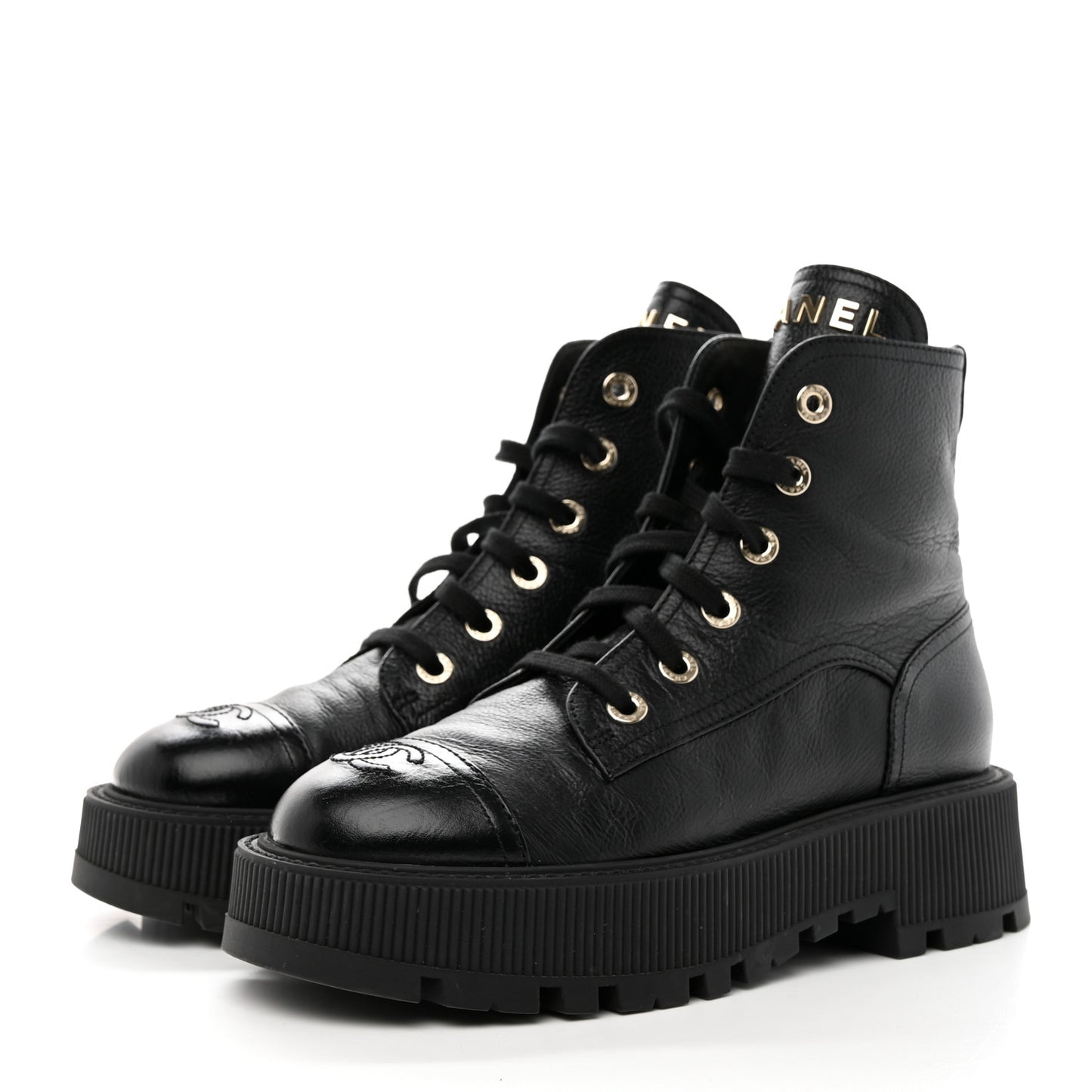 Calfskin CC Lace Up Combat Boots 38 Black