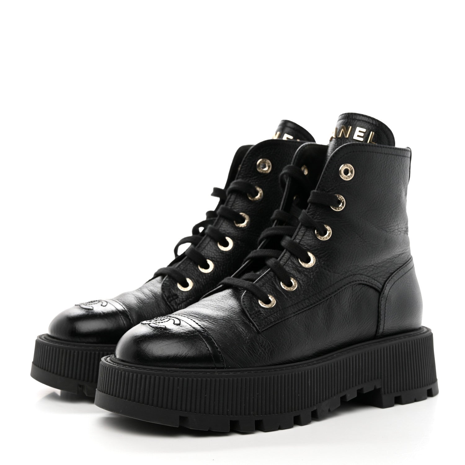 Chanel Calfskin CC Lace Up Combat Boots 38 Black 3 of 16