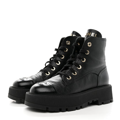 Chanel Calfskin CC Lace Up Combat Boots 38 Black 3 of 16