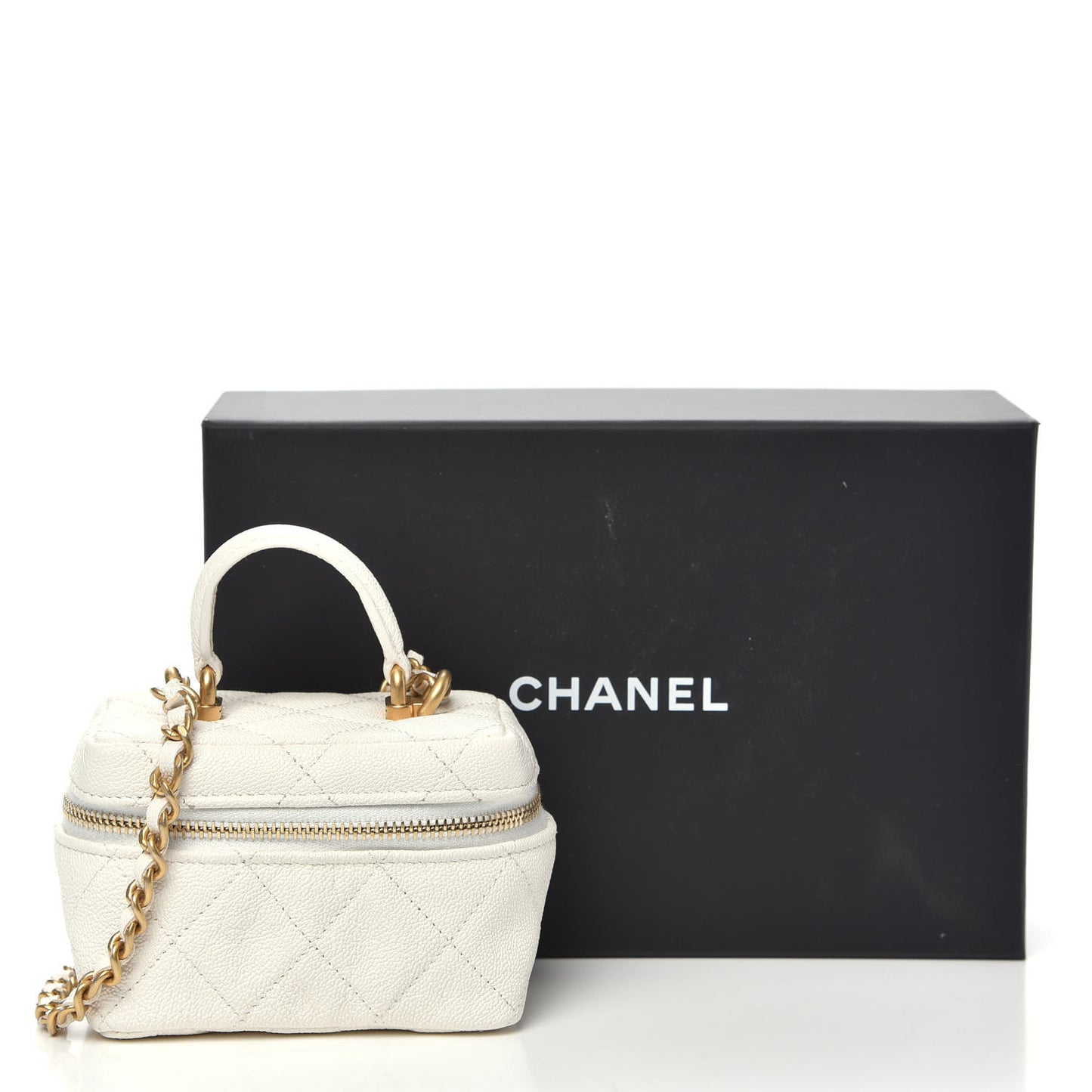 Caviar Quilted Mini Top Handle Vanity With Chain White