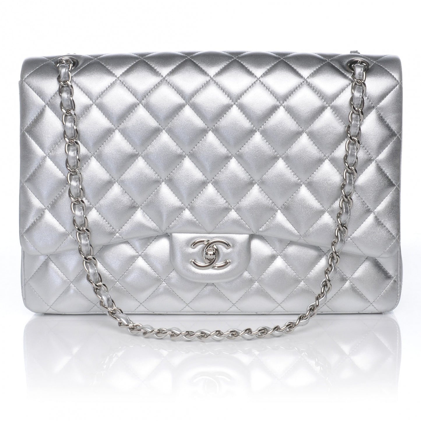 Metallic Lambskin Quilted Jumbo Single Flap Silver