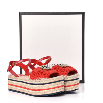 Gucci Cotton Malaga Kid Crochet Pearly GG Lilibeth Espadrille Platform Sandals 36 Hibiscus Red 13 of 13