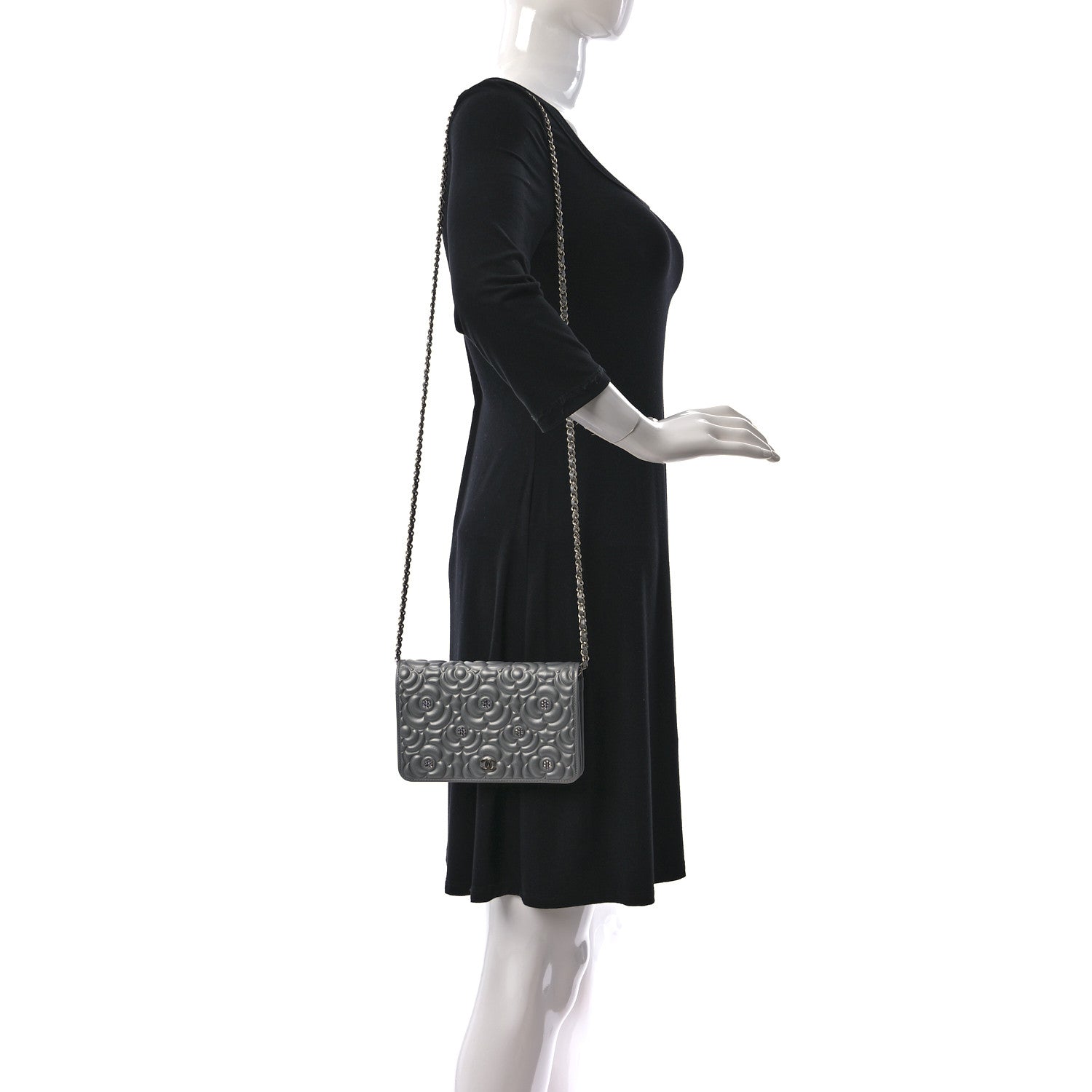 Chanel Metallic Lambskin Crystal Camellia Embossed Wallet On Chain WOC Silver 2 of 12