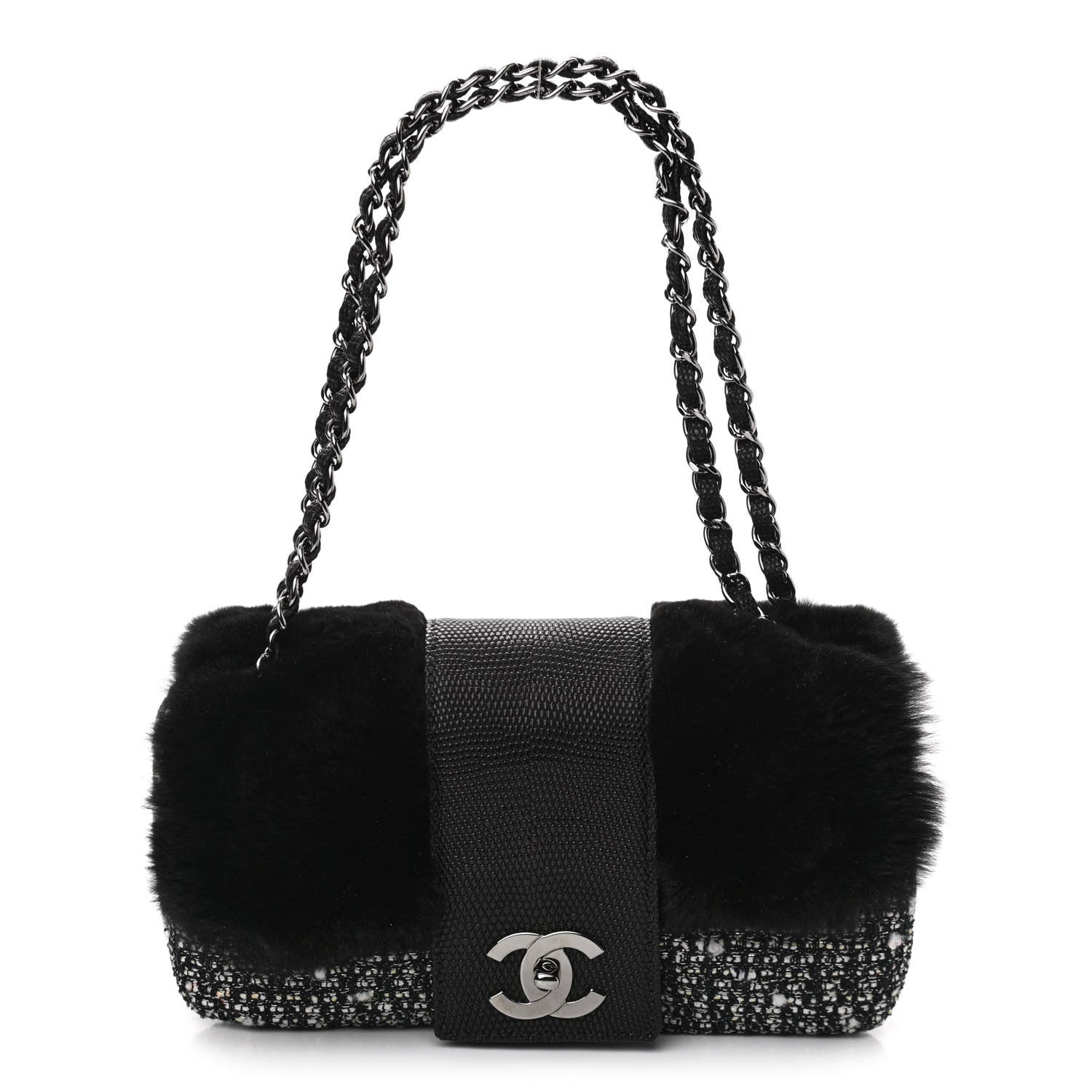 Chanel Rabbit Fur Tweed Lizard Small Fantasy Flap Black White 1 of 10